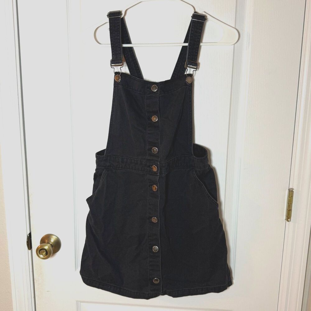 Black Button Front Overall Mini Dress Women’s Utility Y2K